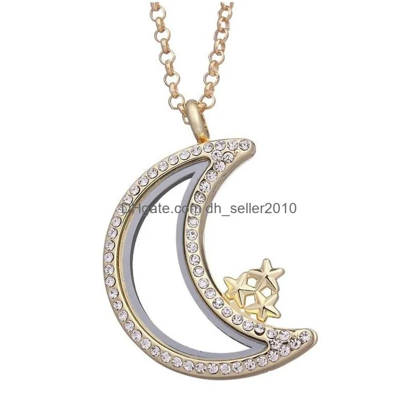 crystal star moon floating locket necklace gold chains openable open living memory pendant diy fashion jewelry for women