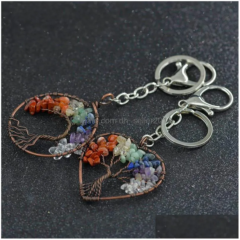 tree of life 7 chakra key rings crystal semiprecious natural stone heart keychain holders healing hangs for women men fashion jewelry