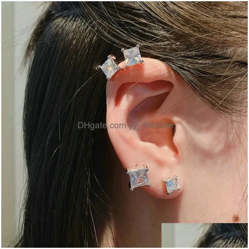 zircon square stud earrings 18k platinum plated no fading no allergies unisex design