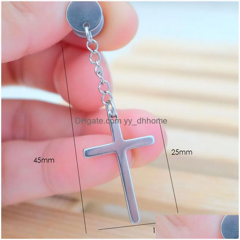mens stainless steel charm cross dangle earrings hip hop punk style with barbell studs
