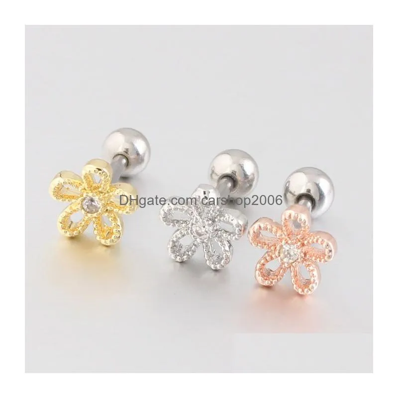 women charm flower screwback stud earring ear bone nail jewelry no fading no allergies safe sleeping without picking