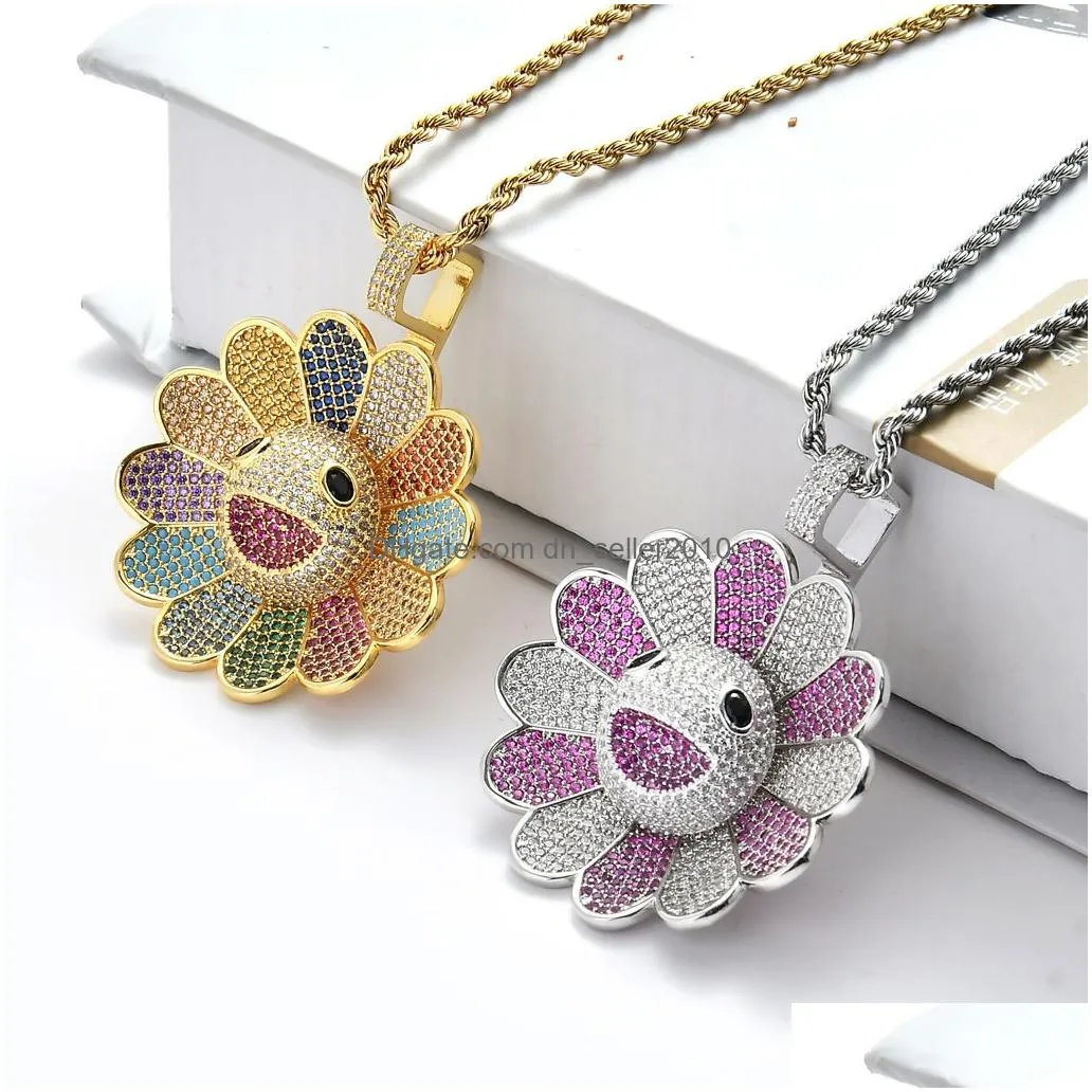 bling rainbow diamond cubic zircon ice cream necklace jewelry set 18k gold sunflower pendant necklaces hip hop jewelry stainless steel chain for women