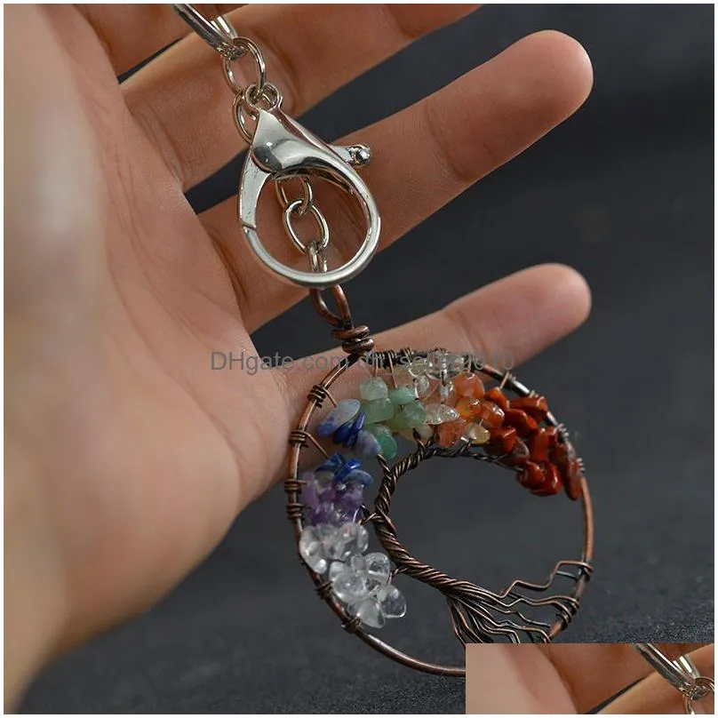 tree of life 7 chakra key rings crystal semiprecious natural stone heart keychain holders healing hangs for women men fashion jewelry