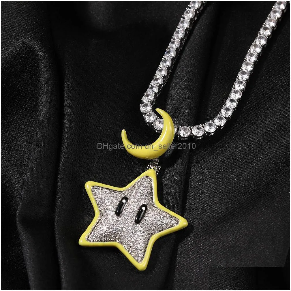 drip oil glow at night moon star pendant necklace 18k real gold plated jewelry