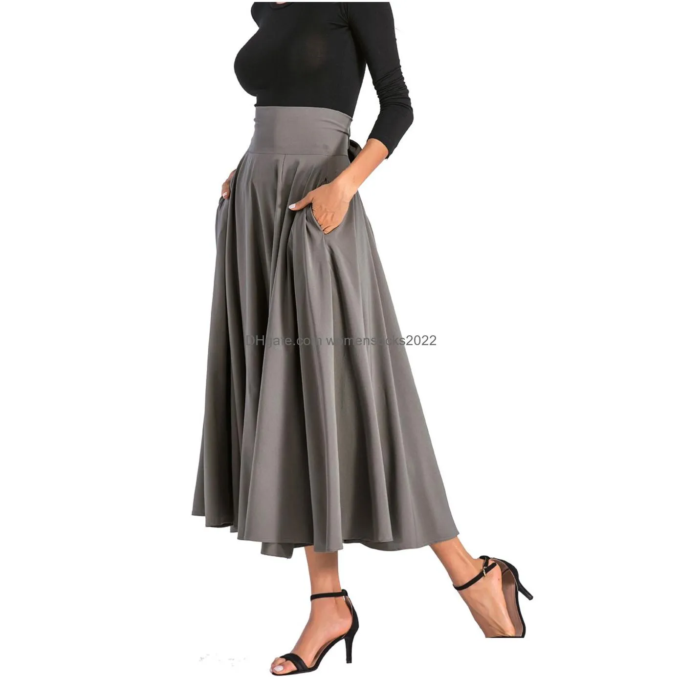 women long skirt high waist retro vintage swing elegant pleated belted rockabilly maxi skirt with pockets