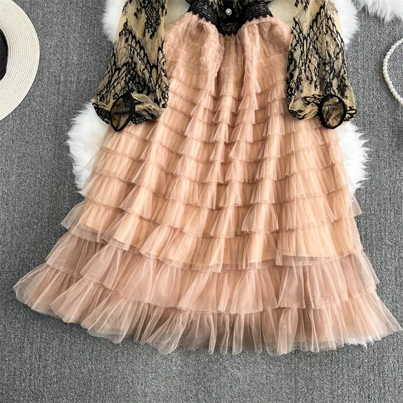 Casual Dresses 2023 Summer Round Neck Lace Stitching Mesh A-line Dress High Waist Puff Sleeve Dresses Vestidos Elegant Mid-Length Ladies Dress