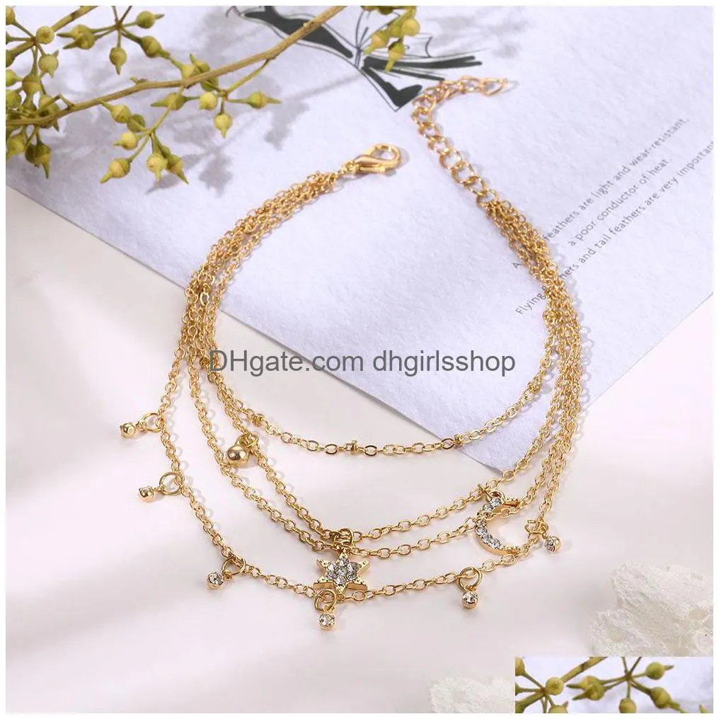 vintage multilayer crystal anklet 2020 bohemia star moon pendant ankle leg sandal anklet jewelry party gift