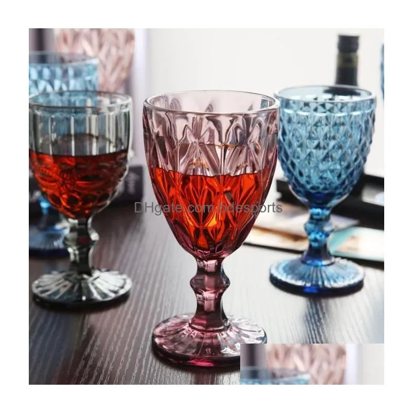 vintage glass goblets embossed stemmed glasses assorted colored drinking glasses for wine water juice beverage 064521