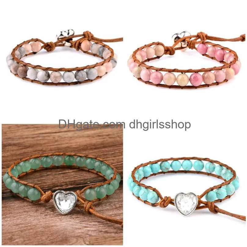 6mm genuine natural stone beaded heartshaped turquoises leather cord bracelet for women men jewelry