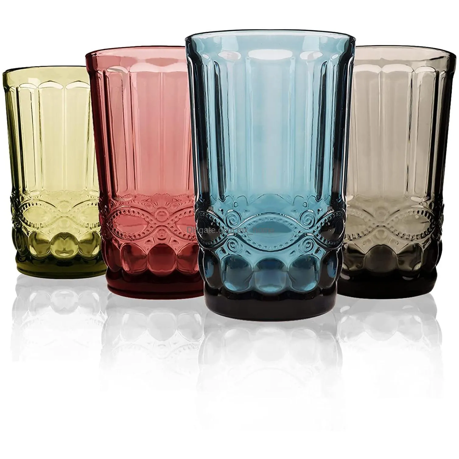 colored drinking glasses vintage embossed multicolored glassware romantic tumblers glass for water juice beverages