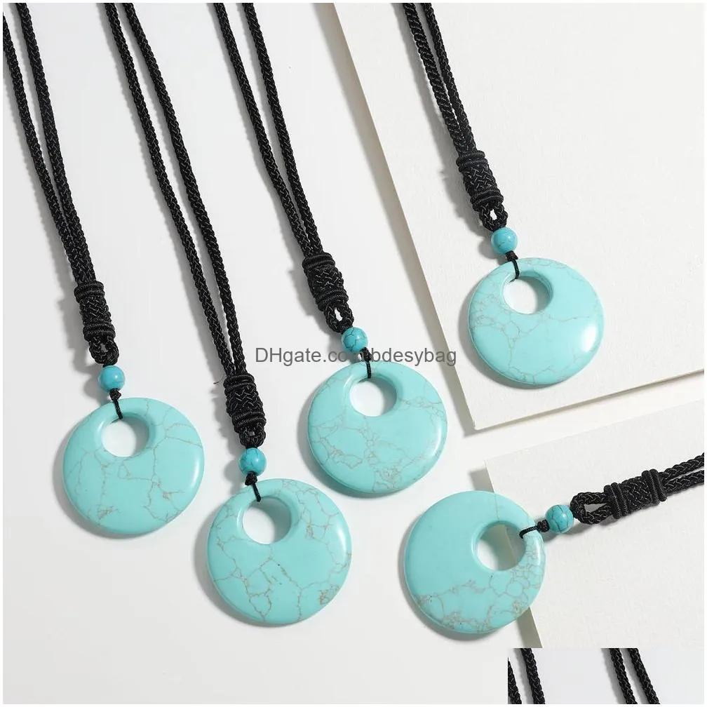 natural stone lucky coin pendant necklace for women men reiki healing round donut crystal jewelry adjustable braided cord