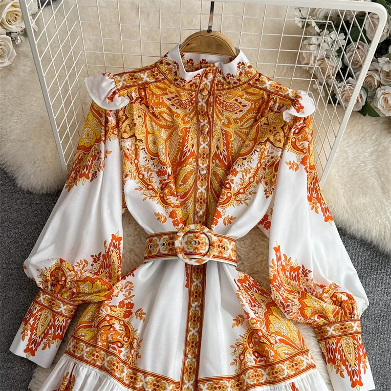 Casual Dresses Korean Fashion Flower Printed Women Short Dress With Sashes White Yellow Stand Collar Long Sleeve Ladies A-line Dresses Vestidos 2023