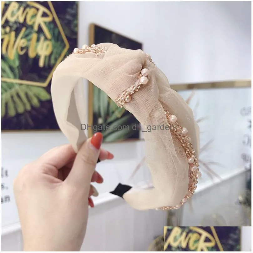 korea fashion accessories headband womens lace mesh pearl chain hole knot twist wide edge hairband jewelry for girl