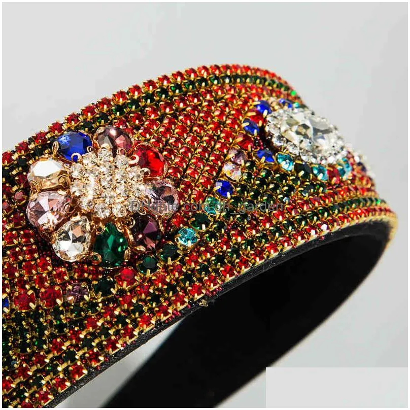 fashion luxury bling rhinestone headbands crystal colorful diamond flower hairband wide cross women party hair accessories