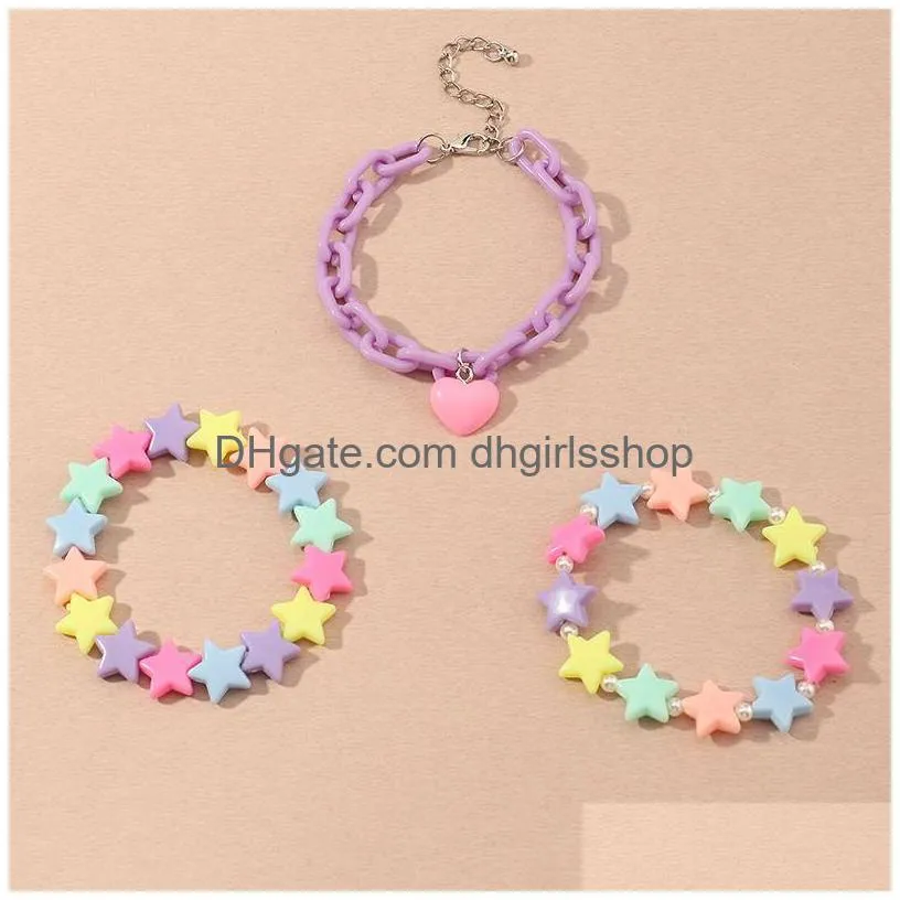 3pc/set fashion candy color acrylic stars heart charms pendant pearls cute bracelet bangles sets for women girls birthday gifts