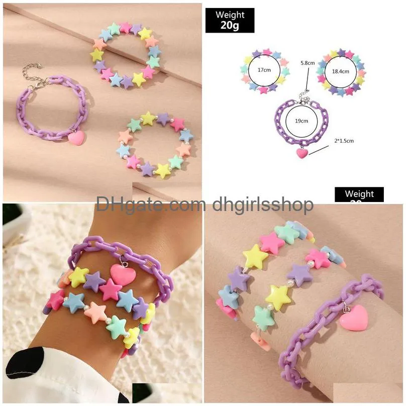 3pc/set fashion candy color acrylic stars heart charms pendant pearls cute bracelet bangles sets for women girls birthday gifts