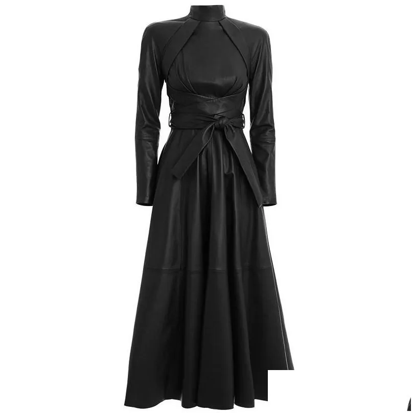 omikron new fashion autumn runway solid women a word faux leather pu dress long sleeve high waist with sashes pleated maxi dress