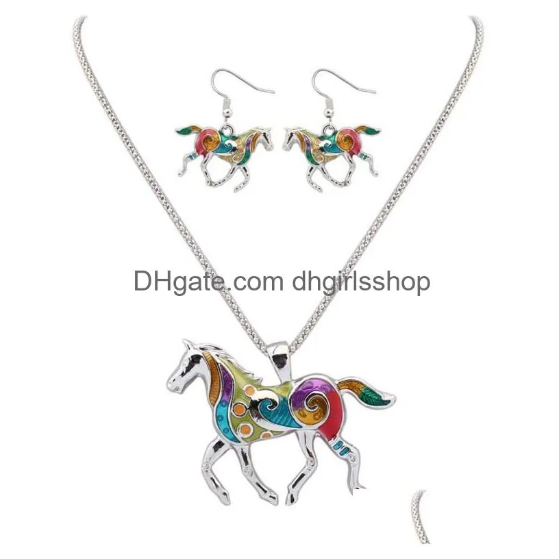 new fashion colorful jewelry set oil drip rainbow horse pendant earrings necklace for women wholesale