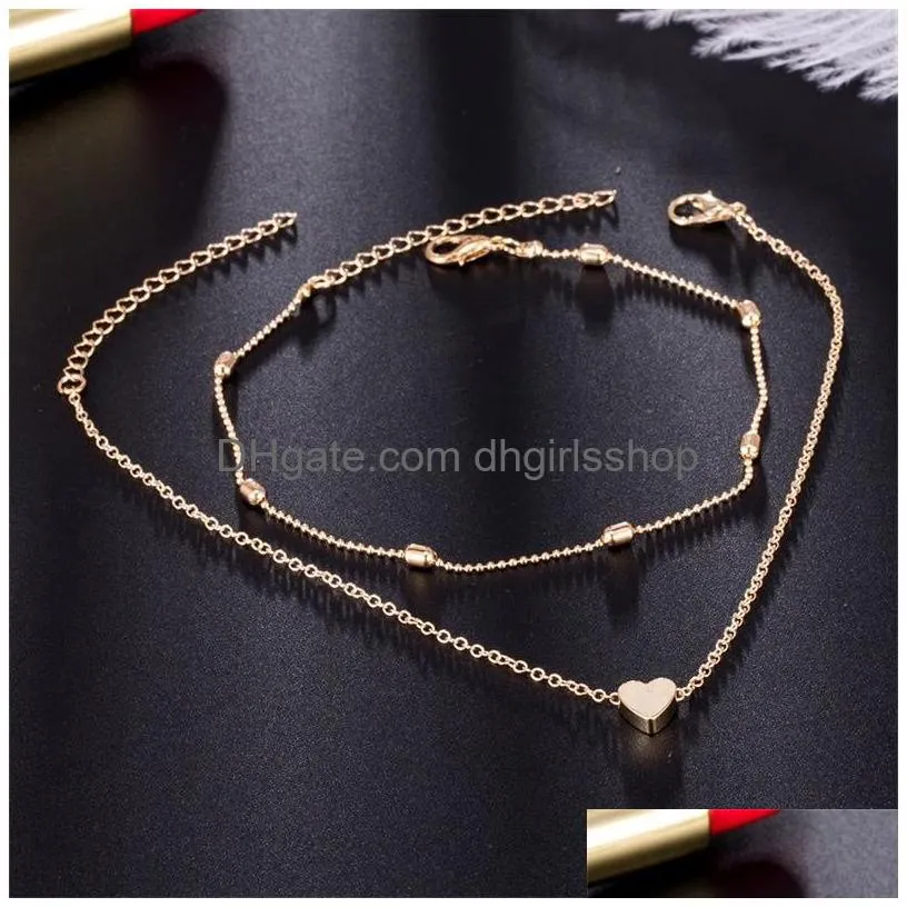 two layers chain heart style gold/silver color anklets for women bracelets summer barefoot sandals jewelry on foot leg chai