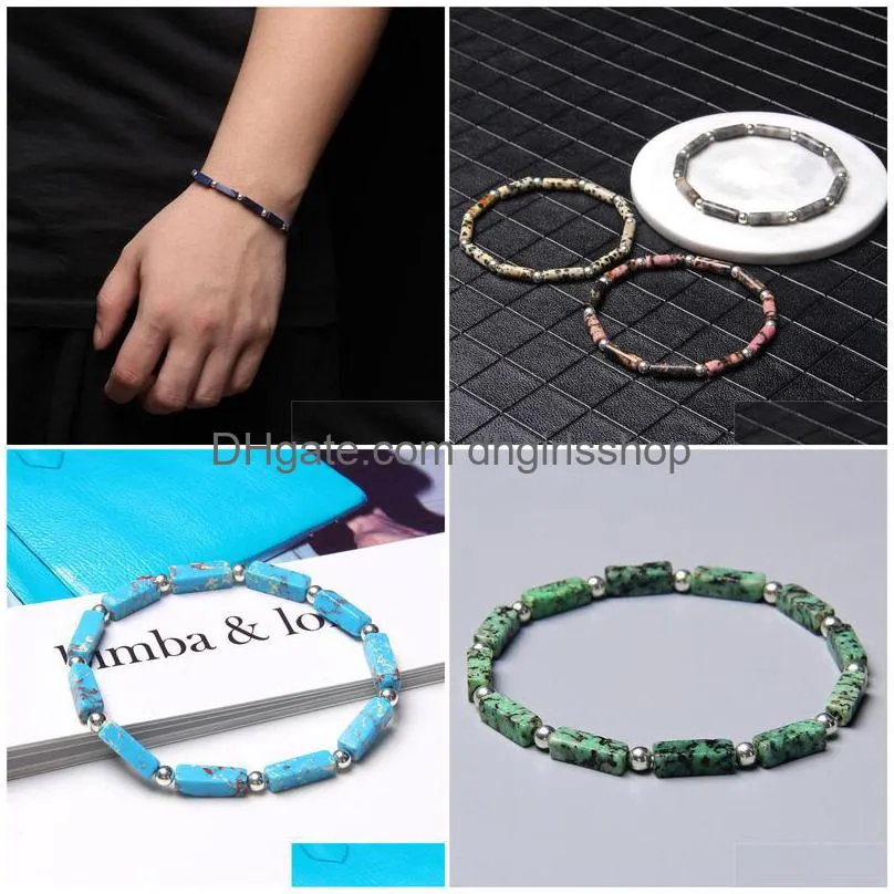 lapis lazuli bracelet for men natural polished rectangle stone bracelets silver color round beads charm bangle women jewlery