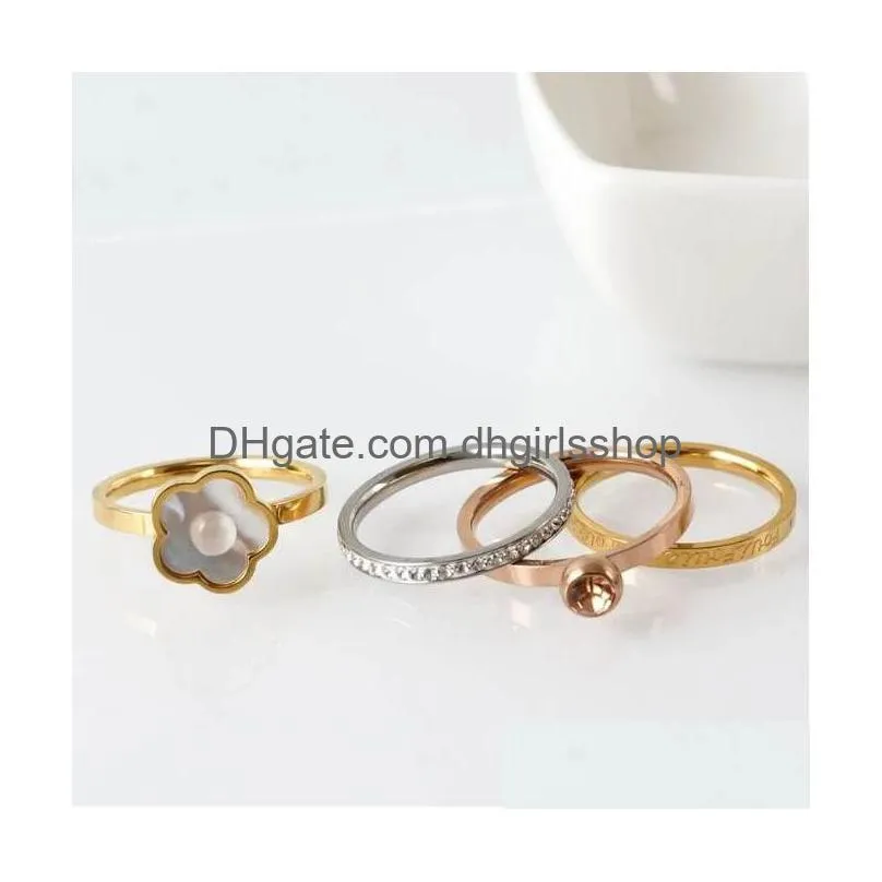 stainless steel ring set natural white shell flower finger ring 4 in 1 cz crystal love wedding bridal rings for women
