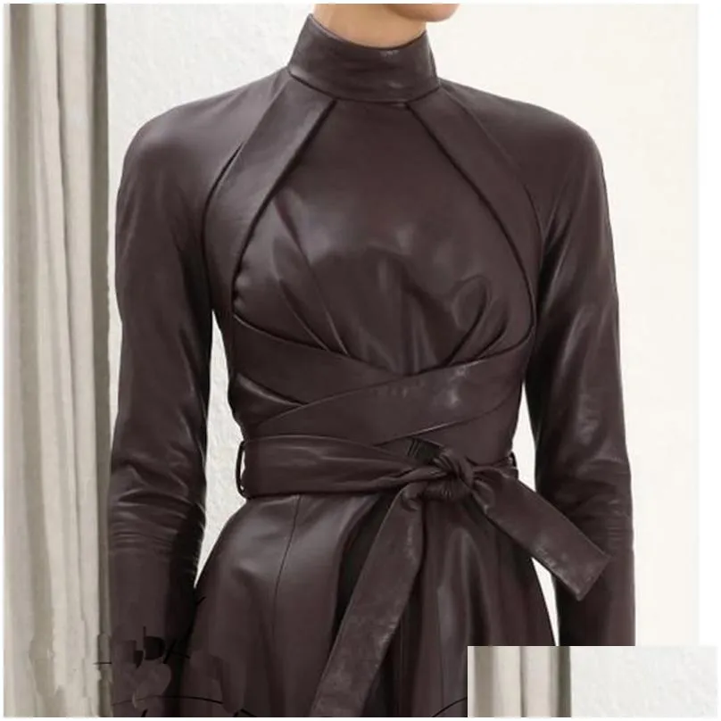 omikron new fashion autumn runway solid women a word faux leather pu dress long sleeve high waist with sashes pleated maxi dress