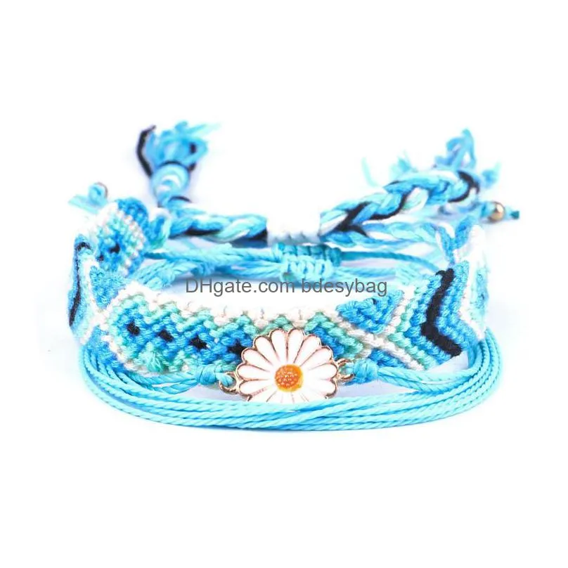 daisy flower wax line braided blue color bohemian bracelet set braided rope waterproof marine surf bracelet bohemian