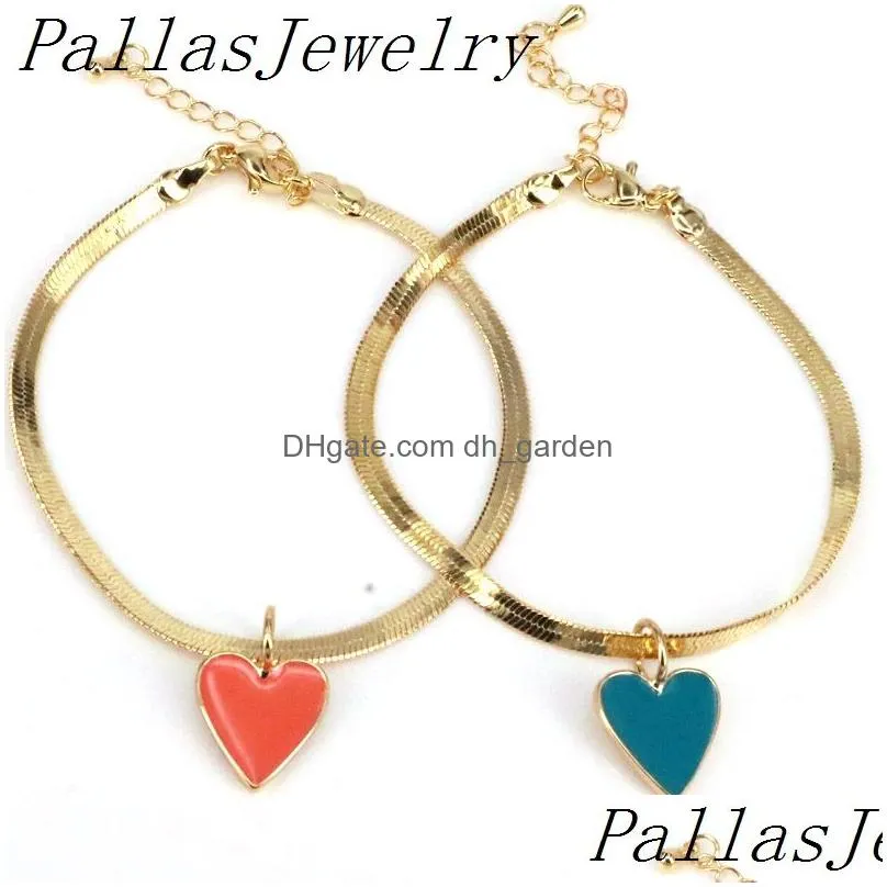 10pcs elegant flat snake chain bracelets colorful enamel heart for women girls gold color metal adjustable girl /lady jewelry