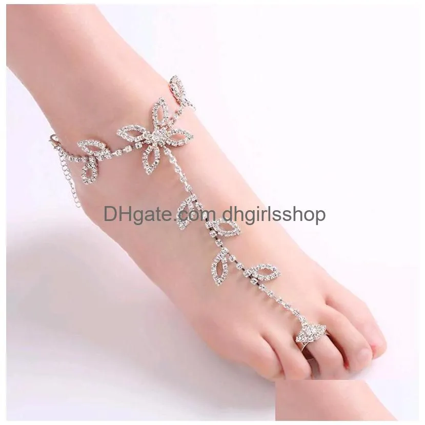 fashion bridal rhinestone foot chain anklet toe silver charms leaf clover designs body jewelry for beach wedding wholesale