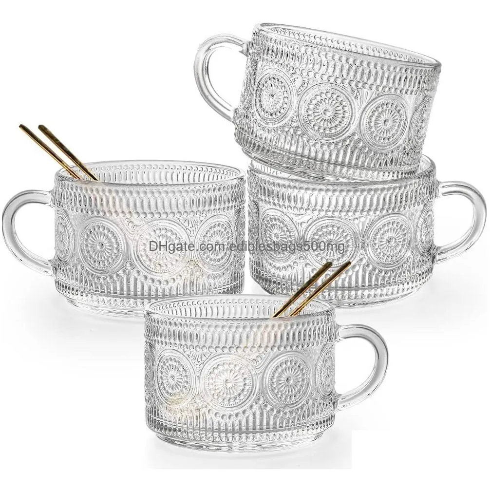 embossed pattern glass cup set delicate coffee water tea milk drinks mug large capacity breakfast cups drinking utensils glasses