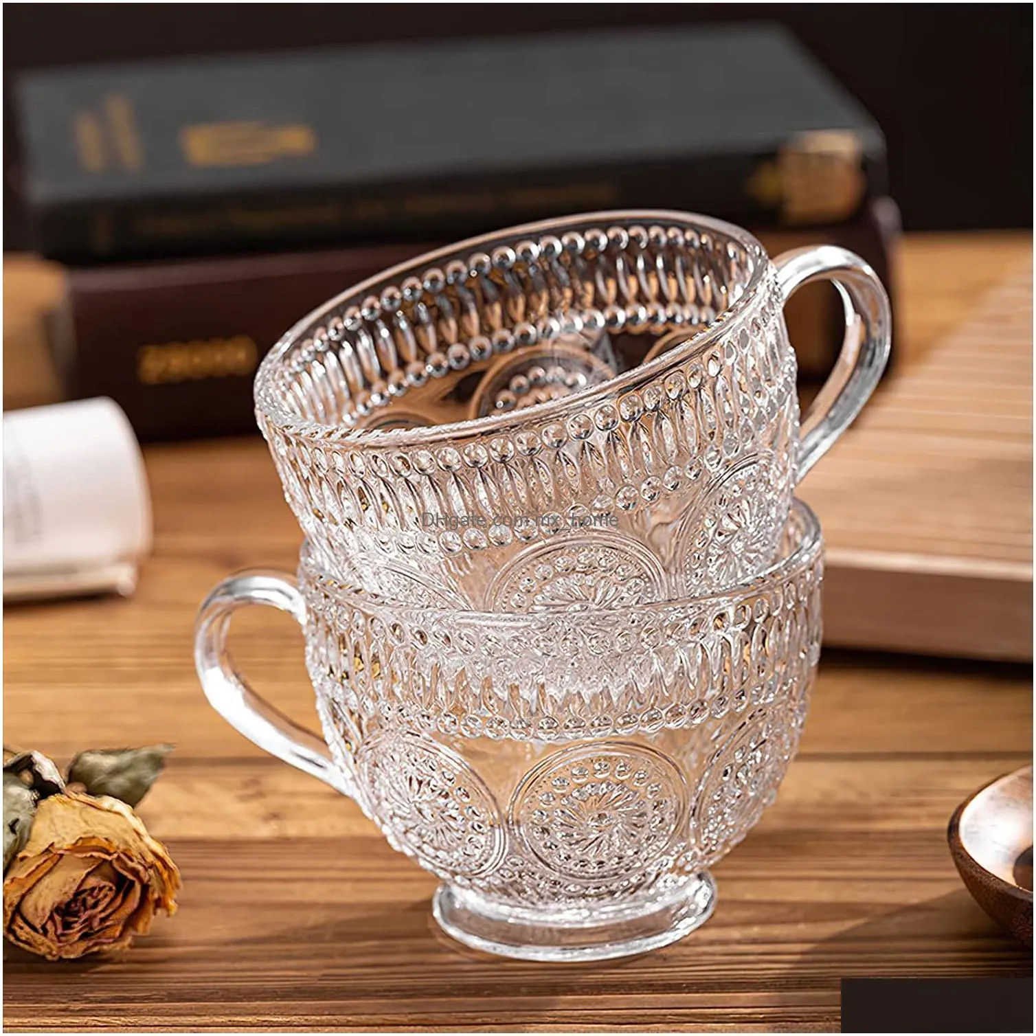 glass coffee mugs with handles embossed tea cups vintage drinking glassware for water milk latte cappuccino dessert beverage