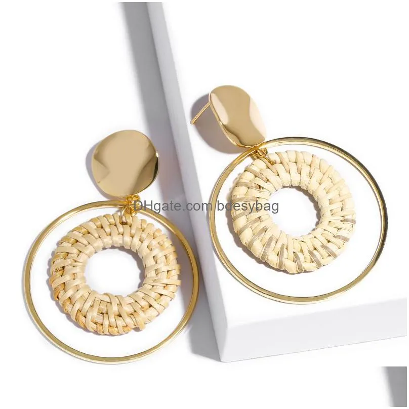 rattan round earrings hot fashion bamboo rattan woven earrings ladies handmade round long pendant earrings ladies gifts