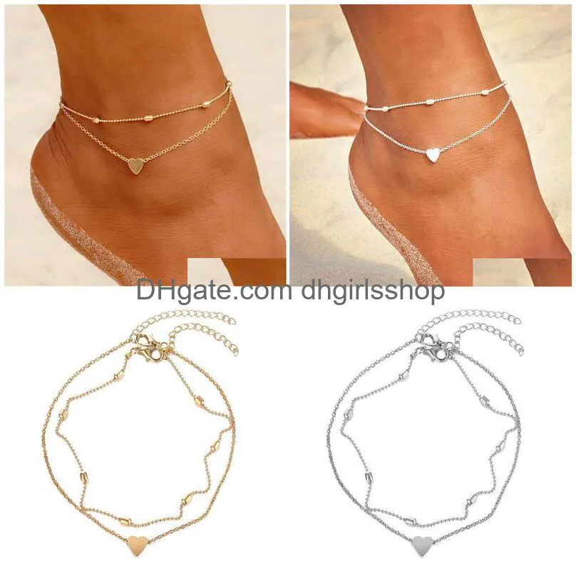 two layers chain heart style gold/silver color anklets for women bracelets summer barefoot sandals jewelry on foot leg chai