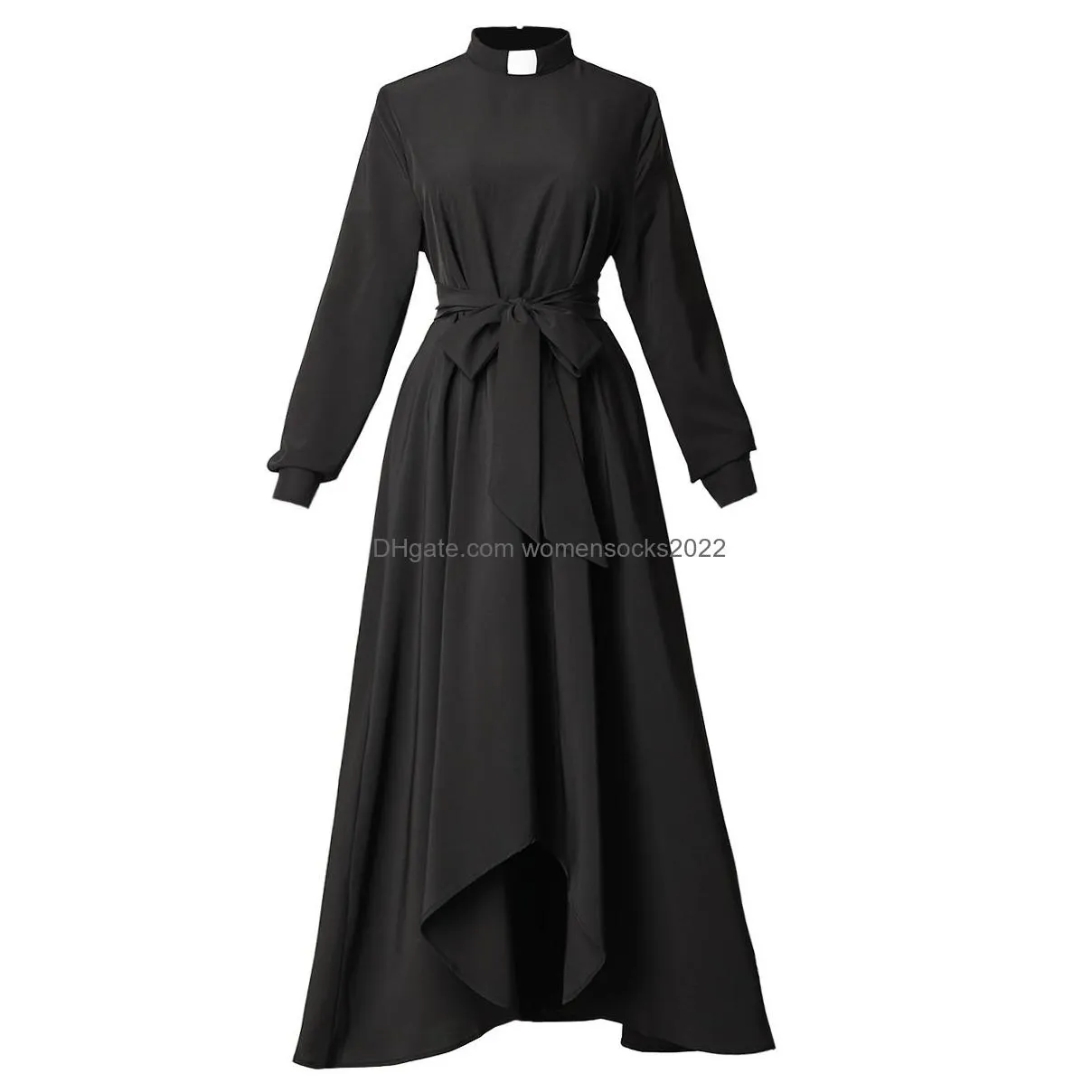 catholic church women clergy dress long sleeve loose elegant priest maxi dresses with tab insert collar and belts