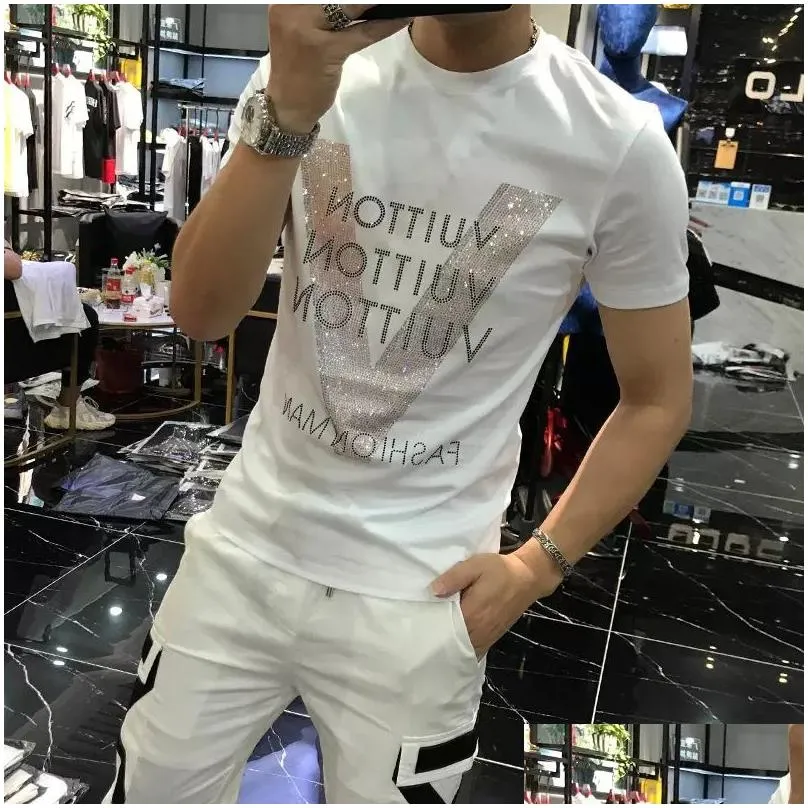 mens tshirts 2022 new mercerized cotton vpattern rhinestone designer male slim casual tees black white fashion trend short sleeve top clothes