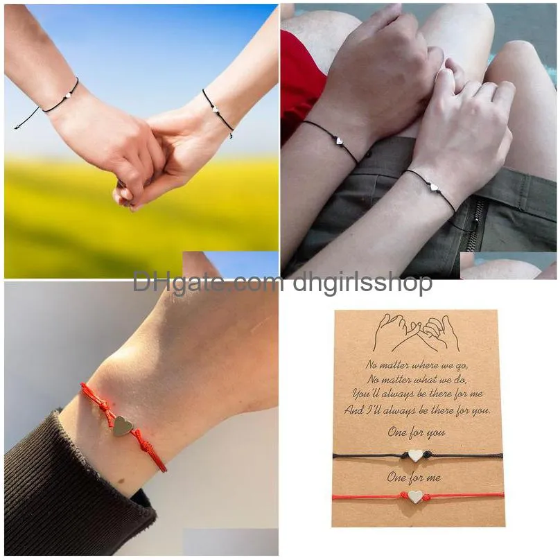 2pcs/set tiny heart star compass charm bracelets for couples red black string braiding rope bracelet for men women wish card