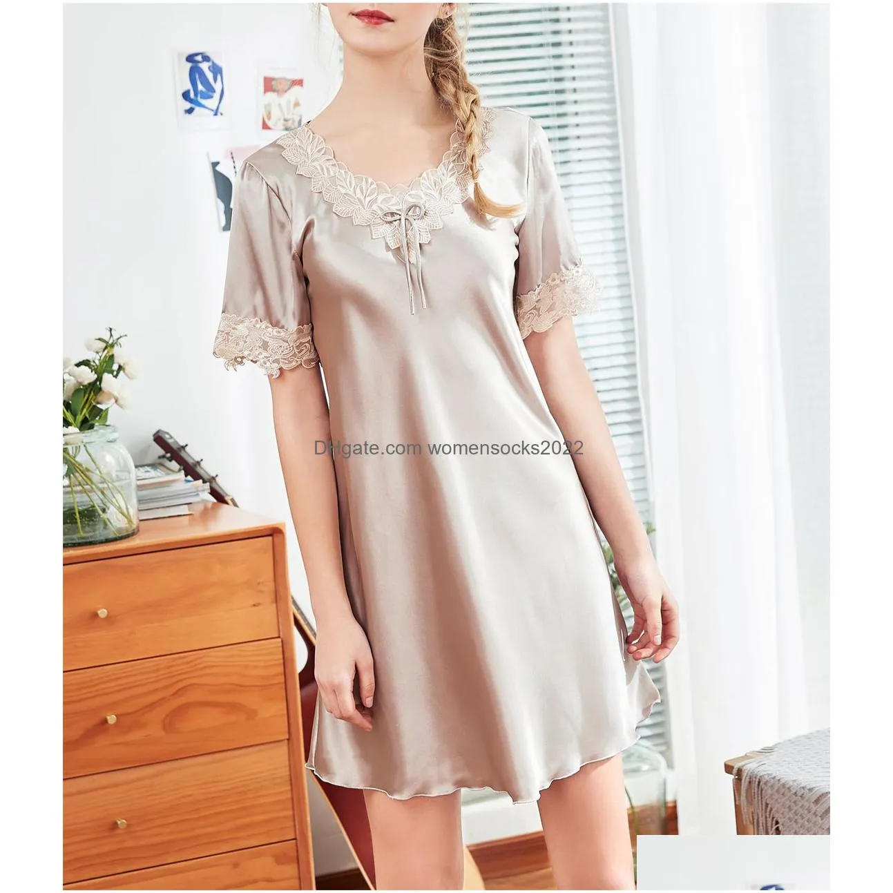 women nightdress sleepwear imitated silk short sleeve negligee summer satin nightwear vneck embroidery tunic elegant underwear sleepshirts