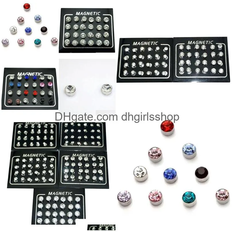 12 pair/lot 4/5/6/7mm round crystal rhinestone magnet stud earring puck women mens magnetic fake ear plug jewelry