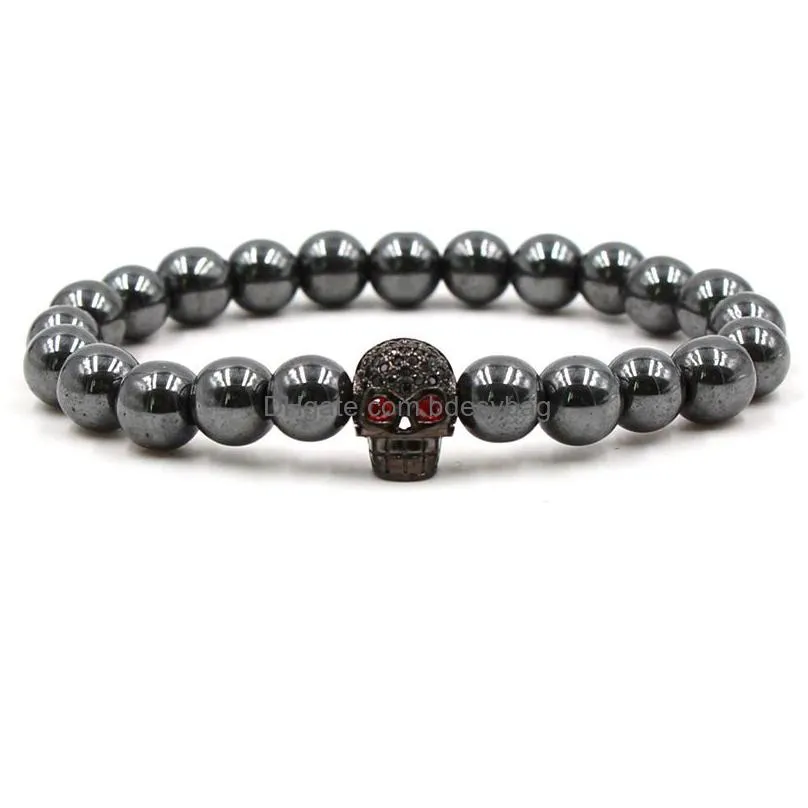 2018 new fashion 10pc/set wholesale best quality bead stone with black skull macrame bracelet for men
