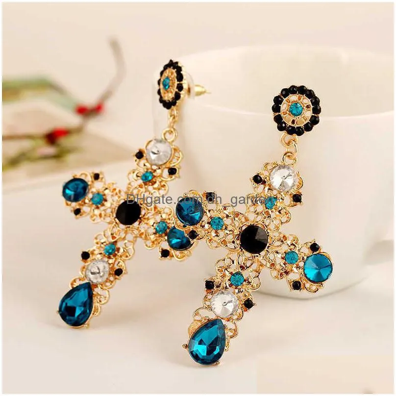 new arrival vintage black pink crystal cross drop earrings for women baroque bohemian large long earrings jewelry brincos 2020