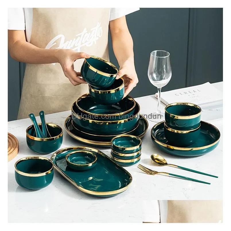 gilt rim green ceramic plate steak food plate tableware bowl ins dinner dish high end porcelain dinnerware set for family hotel