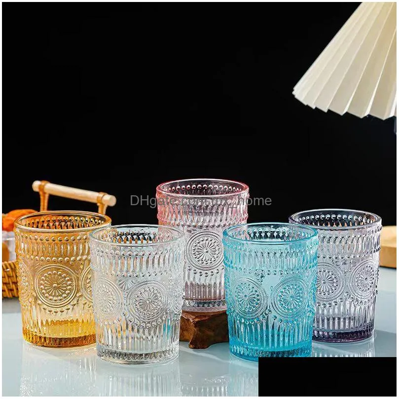 wholesale vintage drinking glasses romantic water glasses embossed romantic glass tumbler for juice beverages beer cocktail