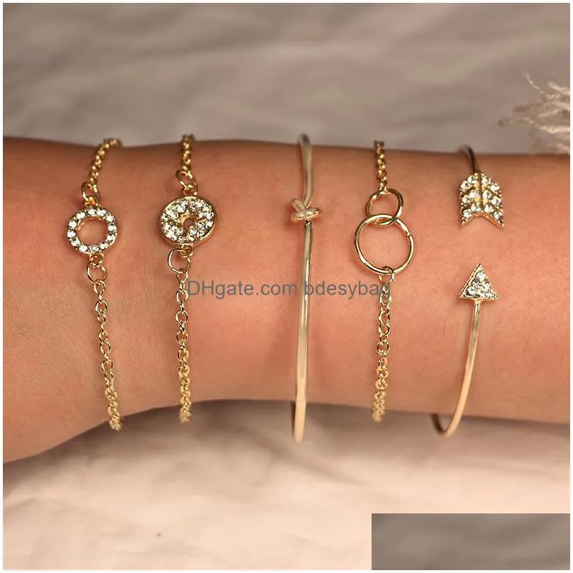 5pcs simple personality twig ring diamond arrow combination adjustable cuff open bracelet stackable wrap bracelet set womens girl5 gold
