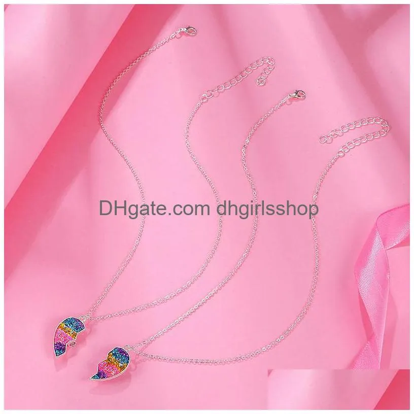 2 piece set gradient color heartshaped stitching pendant chain exquisite and lovely bff friendship necklace for friend