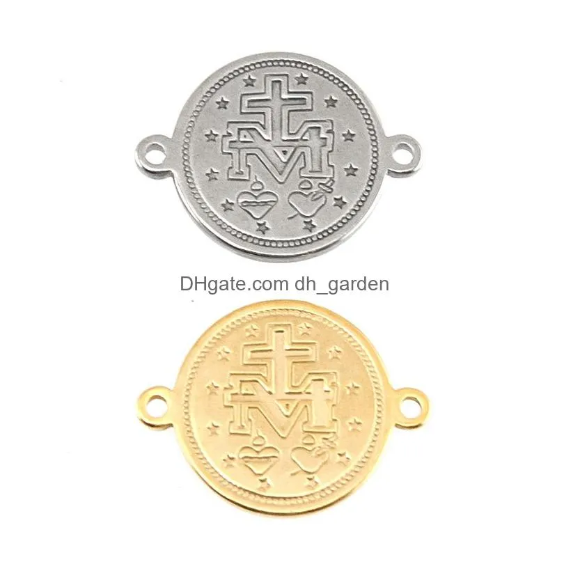 our lady 2 loops connector virgen de guadalupe small charms gold color medal tags round stainless steel pendant 50pcs