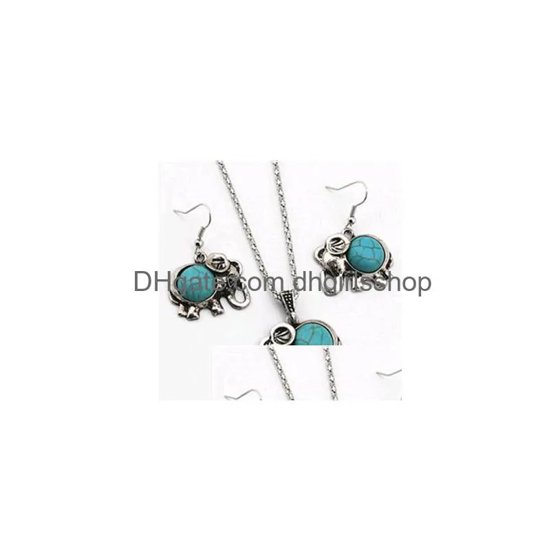 european and american baby elephants jewelry sets 2piece turquoise green stone drop earrings and long necklace 5sets/lot