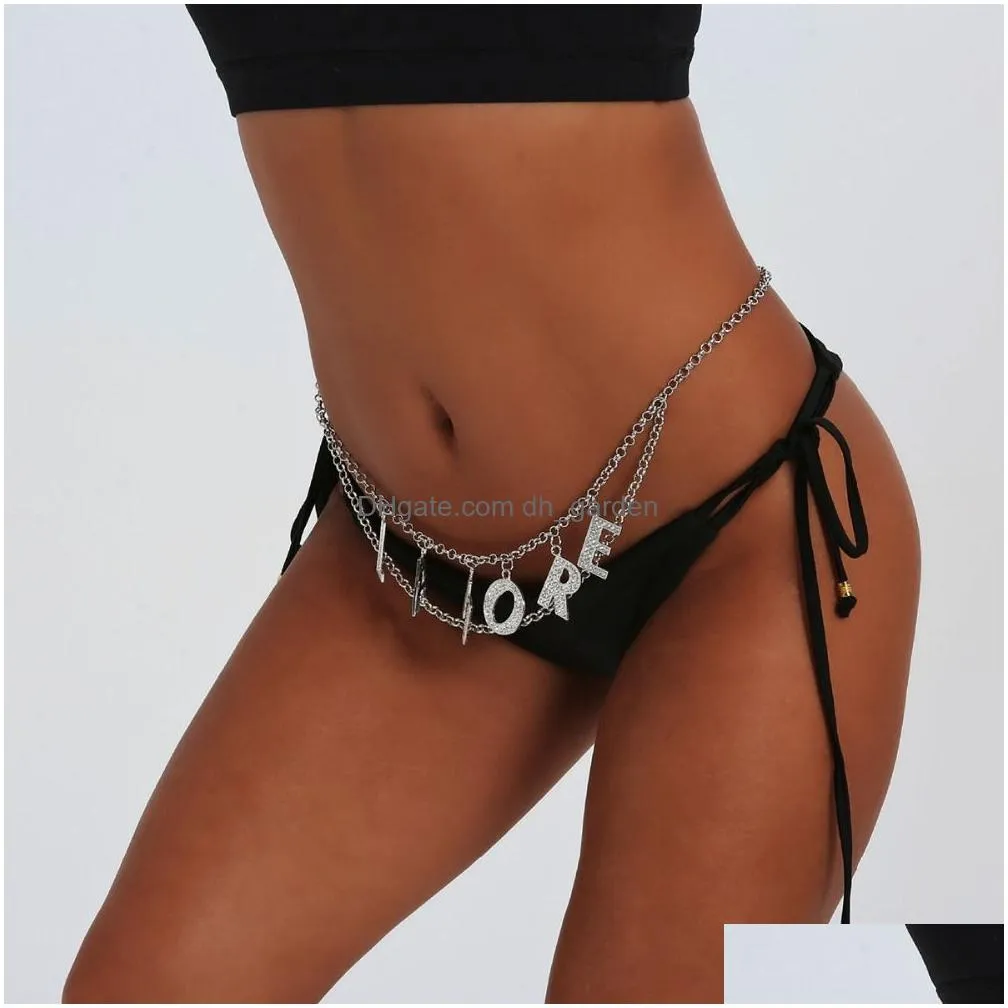 new fashion rhinestone body jewelry lamore letter waist chain for women punk y crystal waist belt body belly jewelry