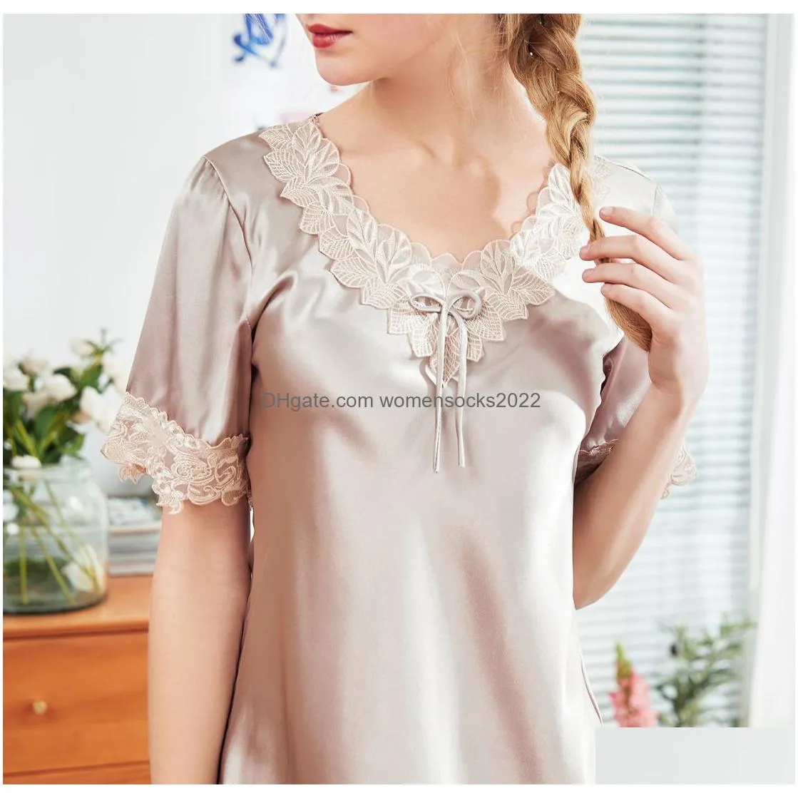 women nightdress sleepwear imitated silk short sleeve negligee summer satin nightwear vneck embroidery tunic elegant underwear sleepshirts