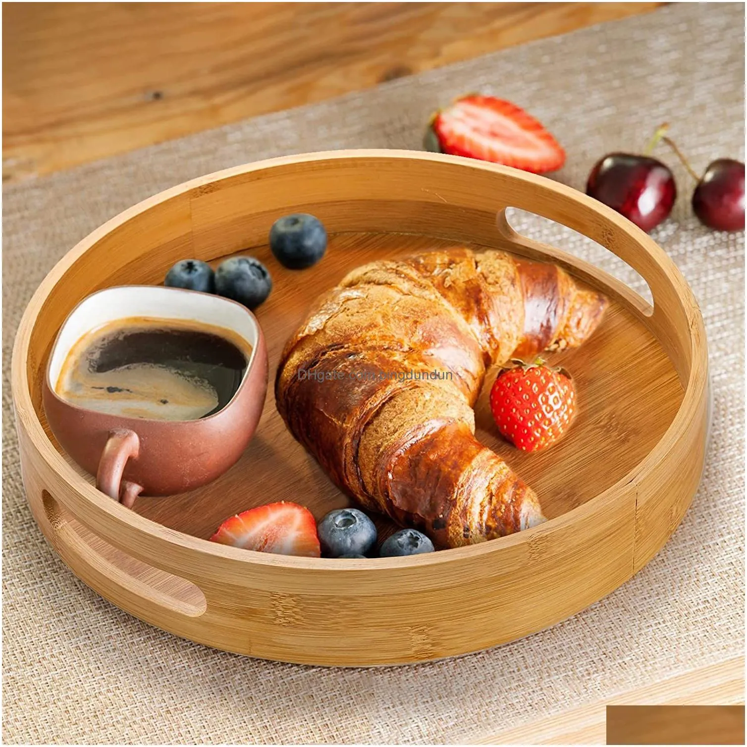 tableware cut out handles dining room party bamboo wood natural round food storage home dessert bread serving tray raised edge