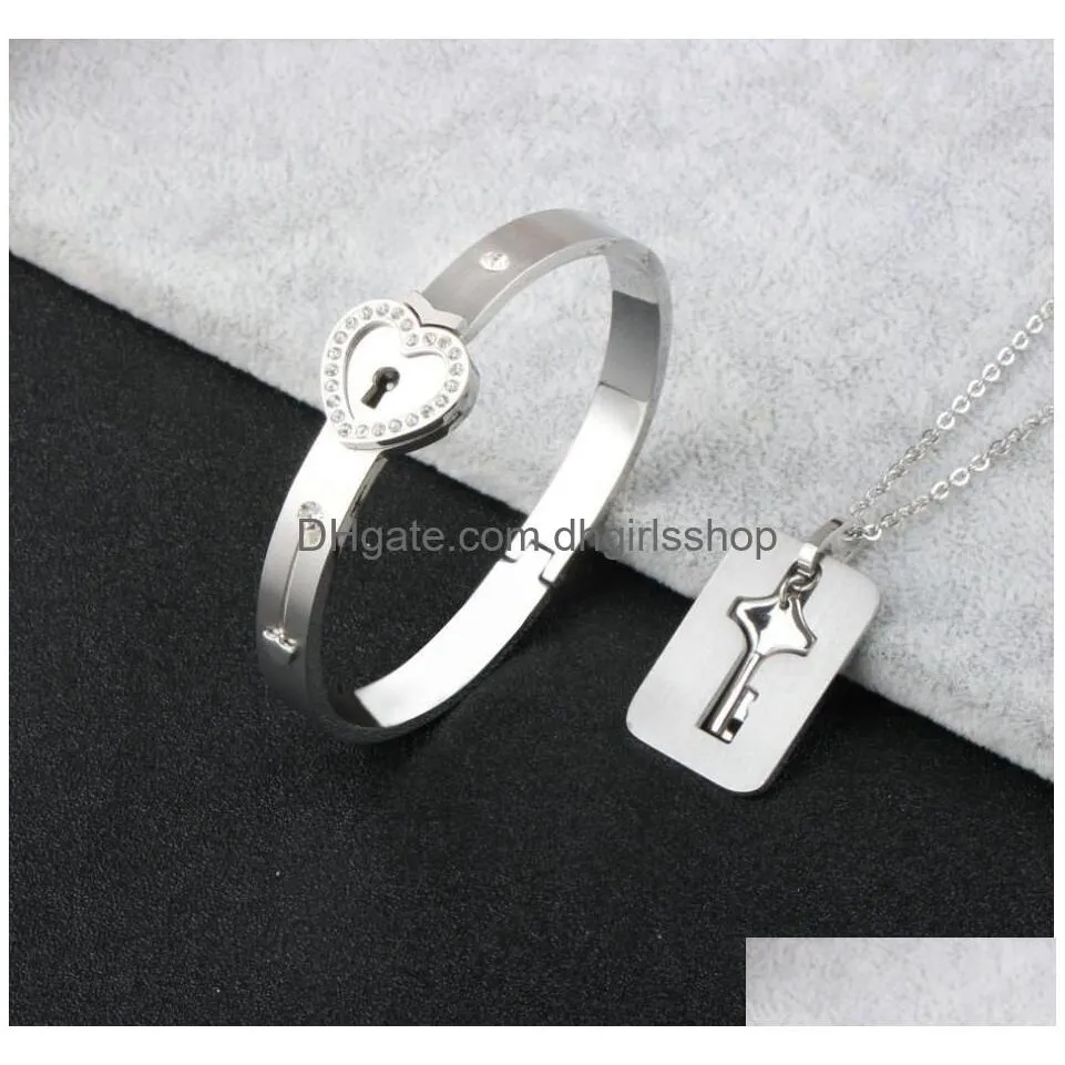 stainless steel couple bangles bracelet necklaces lock key pendant jewelry set for boyfriend girlfriend birthday valentines day gifts